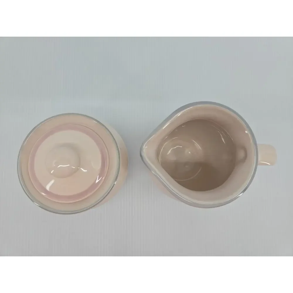 Pfaltzgraff Aura Pink Creamer & Covered Sugar Bowl Set Striped Stoneware USA